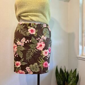 Jones Vintage 90s Brown Tropical Floral Print Cotton Summer Mini Skirt Size 14